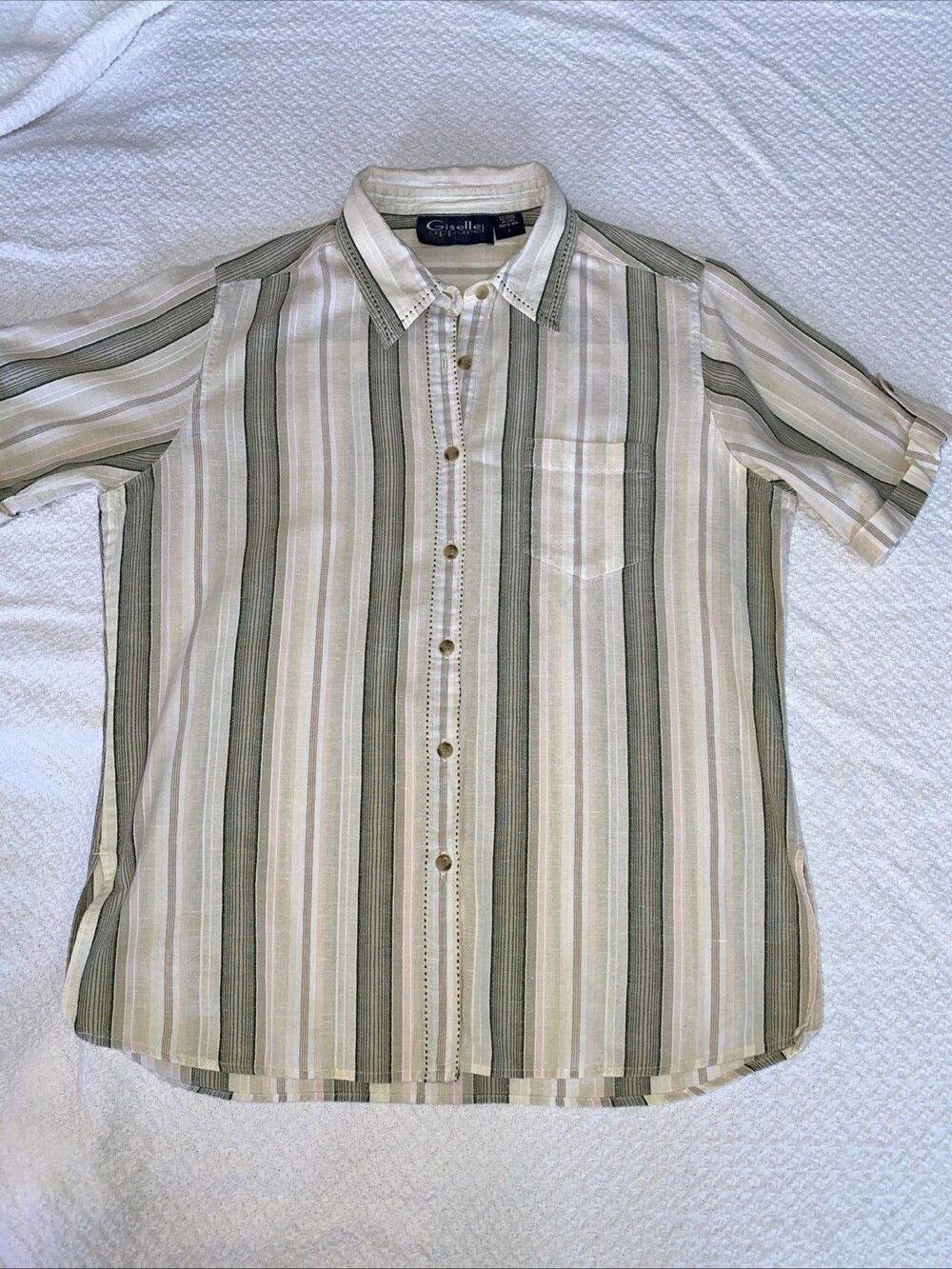 Vintage Giselle Apparel Striped Short Sleeve Shirt Boho Linen Cotton Size L